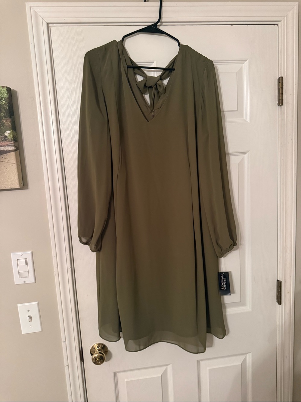 Macy's Olive Green Long Sleeve Tie-Back Shift Dress